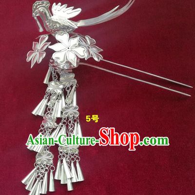 Chinese Traditional Miao Nationality Hair Accessories, Hmong Sliver Bells Tassel Hairpins Headwear for Women