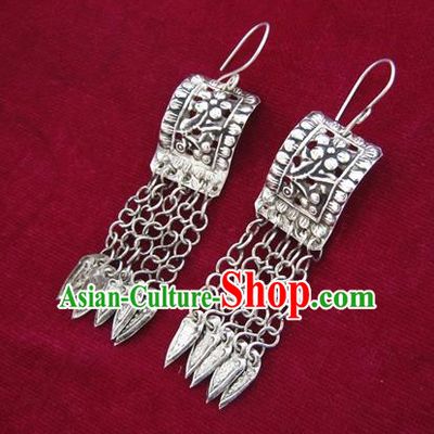 Chinese Handmade Miao Nationality Accessories Hmong Long Tassel Sliver Earrings for Women