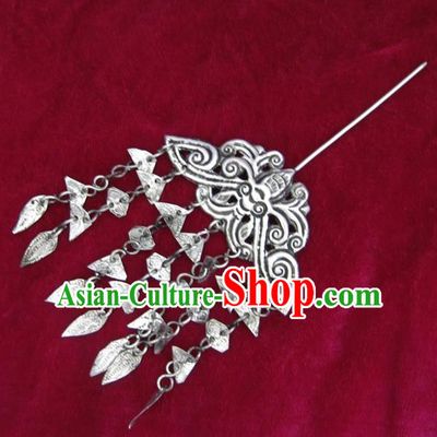 Chinese Traditional Miao Nationality Hair Accessories, Hmong Sliver Butterfly Tassel Hairpins Headwear for Women