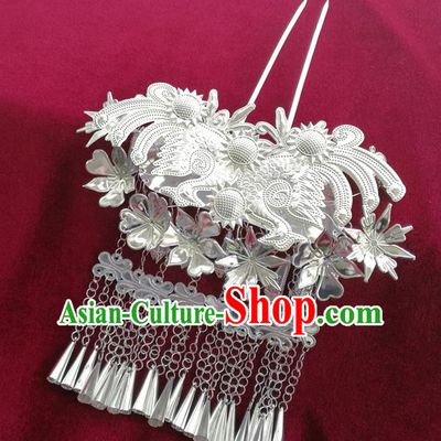 Chinese Traditional Miao Nationality Hair Accessories, Hmong Sliver Bells Tassel Hairpins Headwear for Women