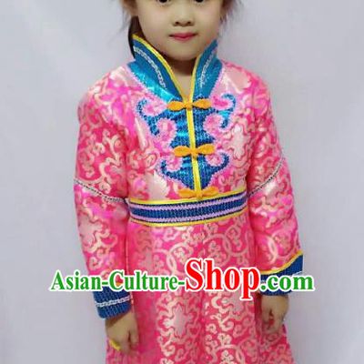 Chinese Mongol Nationality Costume Pink Mongolian Robe Traditional Mongolian Minority Clothing for Kids