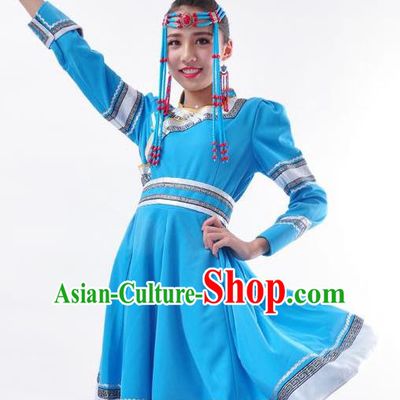 Chinese Mongol Nationality Folk Dance Costume Traditional Minority Blue Mongolian Dress for Women