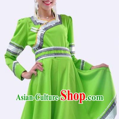 Chinese Mongol Nationality Folk Dance Costume Traditional Minority Green Mongolian Dress for Women