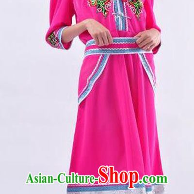 Chinese Mongol Nationality Folk Dance Costume Traditional Mongolian Minority Rosy Dress for Women