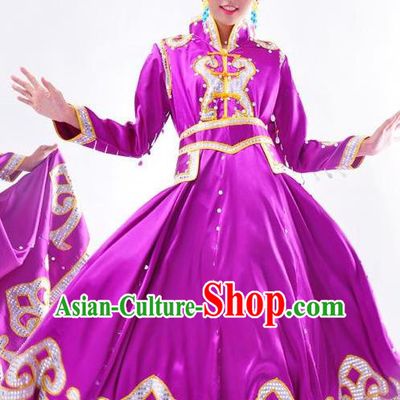 Chinese Mongol Nationality Folk Dance Costume Traditional Mongolian Minority Purple Big Swing Dress for Women