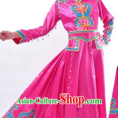 Chinese Mongol Nationality Folk Dance Costume Traditional Mongolian Minority Rosy Big Swing Dress for Women