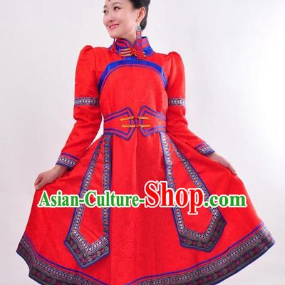 Chinese Mongol Nationality Folk Dance Red Dress Costume Traditional Mongolian Minority Clothing for Women