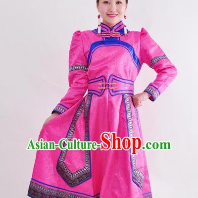 Chinese Mongol Nationality Folk Dance Rosy Dress Costume Traditional Mongolian Minority Clothing for Women