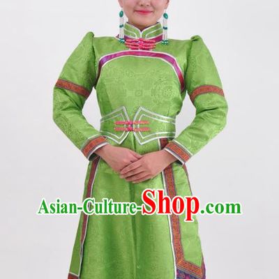 Chinese Mongol Nationality Folk Dance Green Dress Costume Traditional Mongolian Minority Clothing for Women