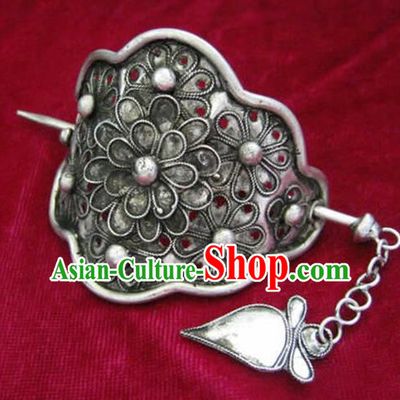 Chinese Traditional Miao Nationality Hair Accessories Hairdo Crown Hanfu Carving Sliver Hairpins for Women