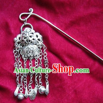 Chinese Traditional Miao Nationality Hair Accessories Hanfu Bells Tassel Sliver Hairpins for Women