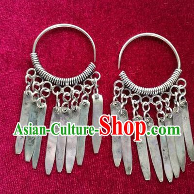 Chinese Handmade Miao Nationality Jewelry Accessories Sliver Tassel Earbob Hmong Earrings for Women