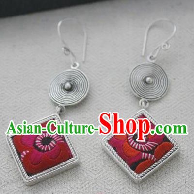 Chinese Handmade Miao Nationality Jewelry Accessories Embroidered Earbob Hmong Earrings for Women