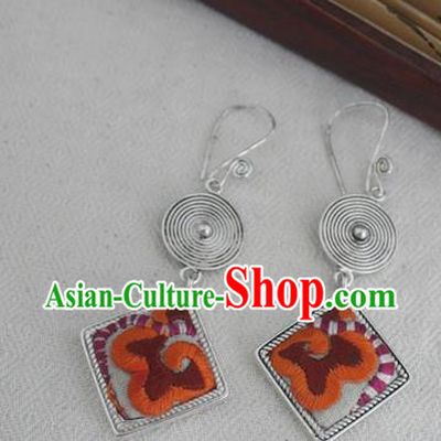 Chinese Handmade Miao Nationality Jewelry Accessories Embroidered Orange Earbob Hmong Earrings for Women