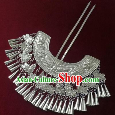 Chinese Traditional Miao Nationality Hair Clip Hair Accessories Hanfu Sliver Bells Tassel Hairpins for Women