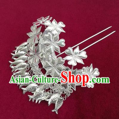 Chinese Traditional Miao Nationality Hair Clip Hair Accessories Hanfu Sliver Fishes Tassel Hairpins for Women