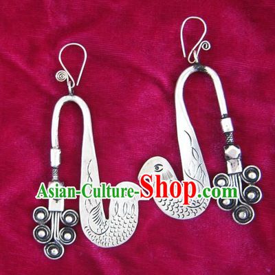 Chinese Handmade Miao Nationality Jewelry Accessories Sliver Peacock Earrings for Women