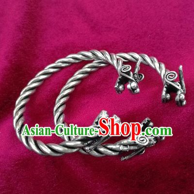 Chinese Miao Nationality Ornaments Sliver Accessories Traditional Hmong Dragon Head Bracelet for Women
