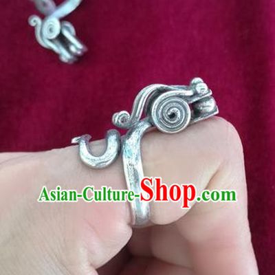 Chinese Miao Nationality Ornaments Sliver Dragon Ring Accessories Traditional Hmong Finger Ring for Women