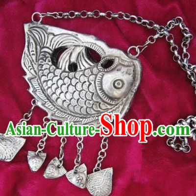 Chinese Miao Nationality Ornaments Sliver Fish Necklace Traditional Hmong Handmade Longevity Lock for Women