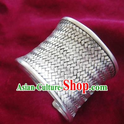 Chinese Miao Nationality Ornaments Sliver Wide Bracelet Traditional Hmong Bangle Jewelry for Women