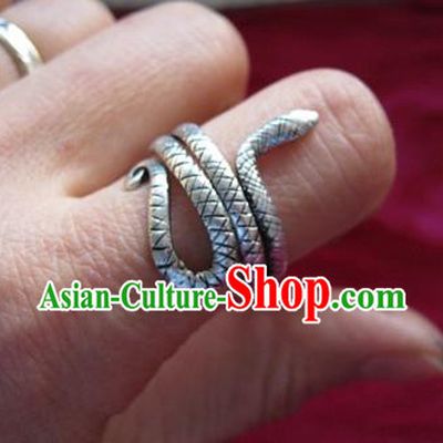 Chinese Miao Nationality Ornaments Sliver Snake Ring Traditional Hmong Finger Ring for Women