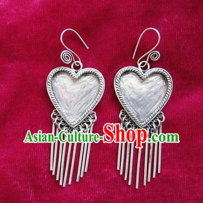 Chinese Handmade Miao Sliver Heart-shaped Eardrop Hmong Nationality Tassel Earrings for Women
