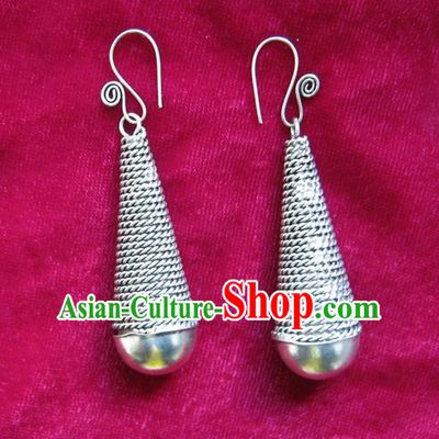 Chinese Handmade Miao Sliver Eardrop Hmong Nationality Earrings for Women