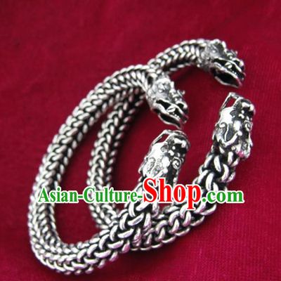 Chinese Miao Sliver Ornaments Dragon Head Bracelet Traditional Hmong Bangle Accessories for Women