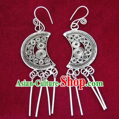 Chinese Handmade Miao Sliver Moon Eardrop Hmong Nationality Earrings for Women