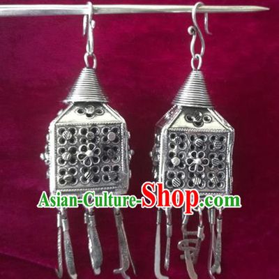 Chinese Handmade Miao Sliver Pierced Eardrop Hmong Nationality Earrings for Women