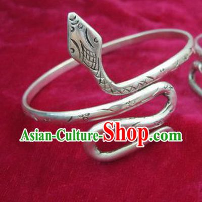 Chinese Miao Sliver Ornaments Snake Bracelet Traditional Hmong Bangle Accessories for Women