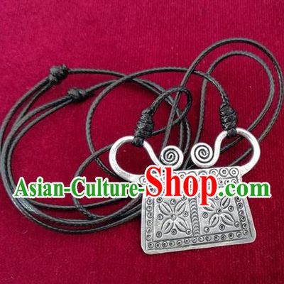 Chinese Miao Sliver Ornaments Carving Necklace Traditional Hmong Necklet Pendant for Women