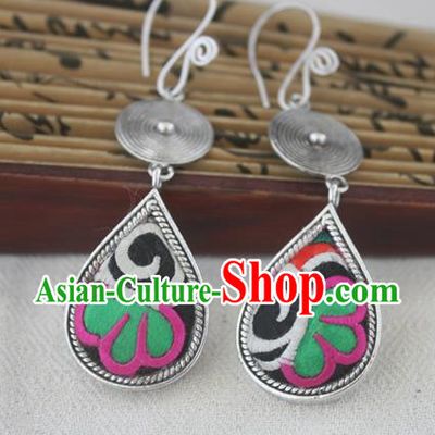 Chinese Handmade Miao Sliver Eardrop Hmong Nationality Embroidered Earrings for Women