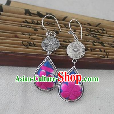 Chinese Handmade Miao Sliver Eardrop Hmong Nationality Embroidered Rosy Flower Earrings for Women