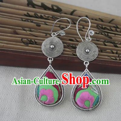 Chinese Handmade Miao Sliver Eardrop Hmong Nationality Embroidered Green Earrings for Women