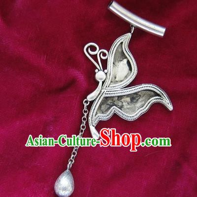 Chinese Miao Nationality Ornaments Sliver Butterfly Pendant Traditional Hmong Necklace Accessories for Women