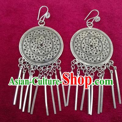Chinese Handmade Miao Sliver Tassel Eardrop Hmong Nationality Earrings for Women