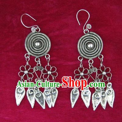 Chinese Handmade Miao Sliver Tassel Eardrop Hmong Nationality Earrings for Women