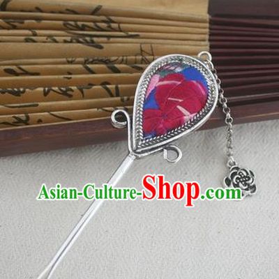 Traditional Chinese Miao Nationality Sliver Tassel Hair Clip Hanfu Embroidered Blue Hairpins Hair Accessories for Women