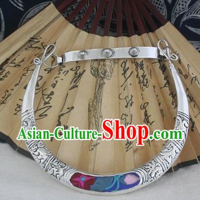 Chinese Miao Sliver Ornaments Carving Chinese Zodiac Necklace Traditional Hmong Embroidered Lotus Necklet for Women