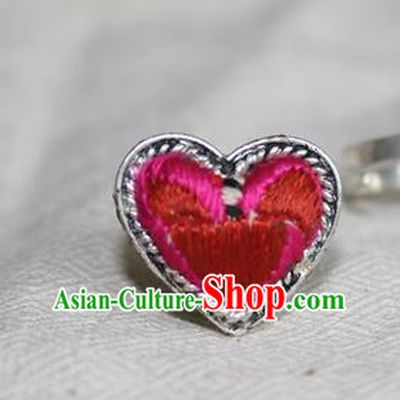 Chinese Miao Sliver Ornaments Rings Traditional Hmong Embroidered Rosy Finger Ring for Women