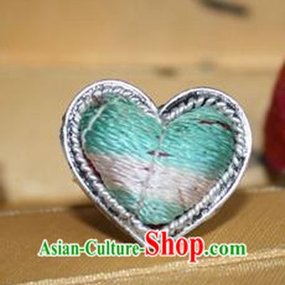 Chinese Miao Sliver Ornaments Rings Traditional Hmong Embroidered Green Finger Ring for Women