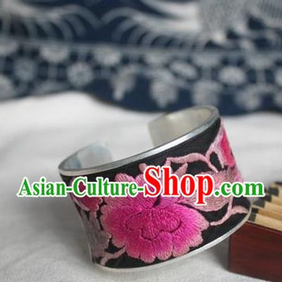 Chinese Miao Sliver Ornaments Bracelet Traditional Hmong Handmade Sliver Embroidered Peony Bangle for Women