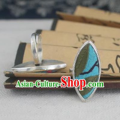 Chinese Traditional Miao Sliver Ornaments Willow Leaf Ring Traditional Hmong Embroidered Rings for Women