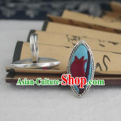 Chinese Traditional Miao Sliver Ornaments Willow Leaf Ring Traditional Hmong Embroidered Mangnolia Rings for Women