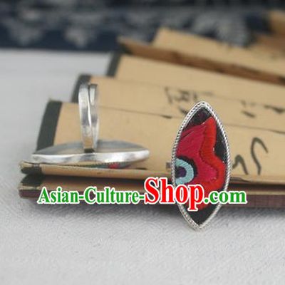 Chinese Traditional Miao Sliver Ornaments Willow Leaf Ring Traditional Hmong Embroidered Red Flower Rings for Women