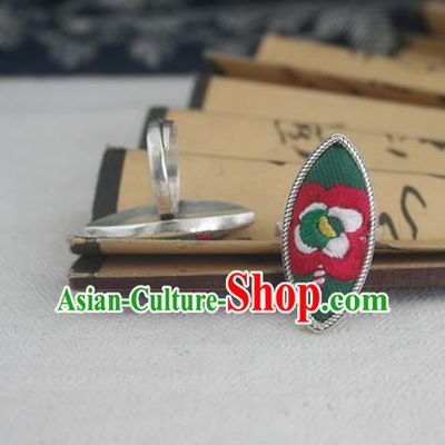 Chinese Traditional Miao Sliver Willow Leaf Ring Traditional Hmong Embroidered Flower Rings for Women