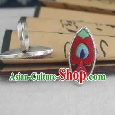 Chinese Traditional Miao Sliver Willow Leaf Ring Traditional Hmong Embroidered Rings for Women
