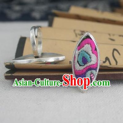 Chinese Traditional Miao Sliver Embroidered Willow Leaf Ring Traditional Hmong Rings for Women